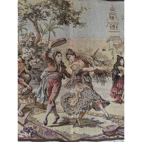 Vintage tapestry Spanish Woven Wall Art Made in Belgium Market Scene 57x20” - Picture 2 of 11